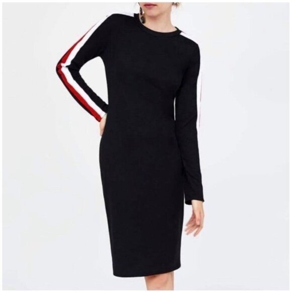 Zara Trafaluc women’s sz S Black Long Sleeve Bodycon Dress ,Red & White Striped‎ - Picture 6 of 16
